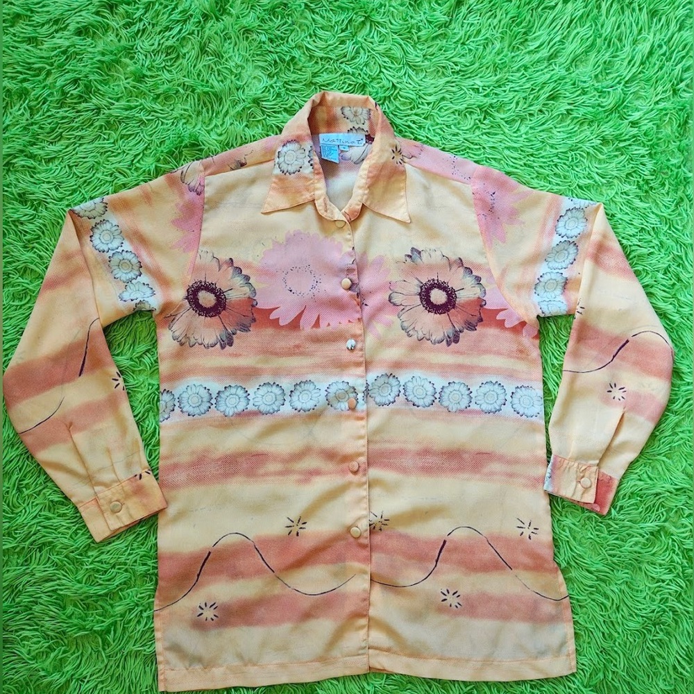 90’s Vintage Mattina J long sleeve button down daisy print sunset orange blouse